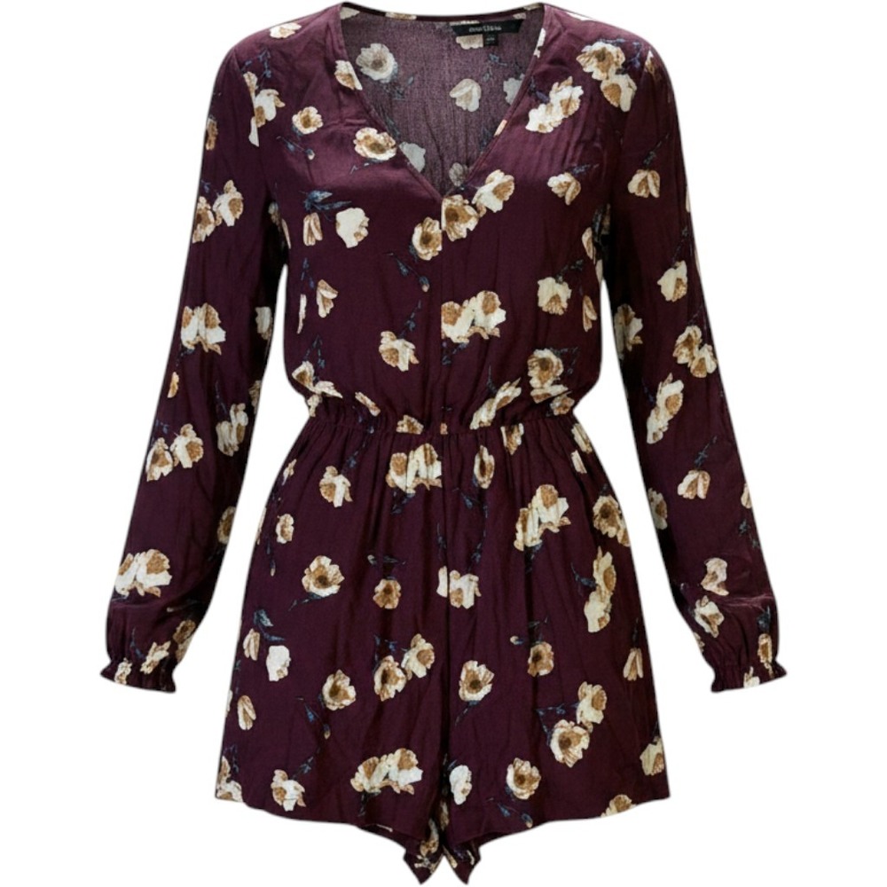 Kendall & Kylie Women's Floral Romper Large Burgundy Long Sleeve 100% Rayon